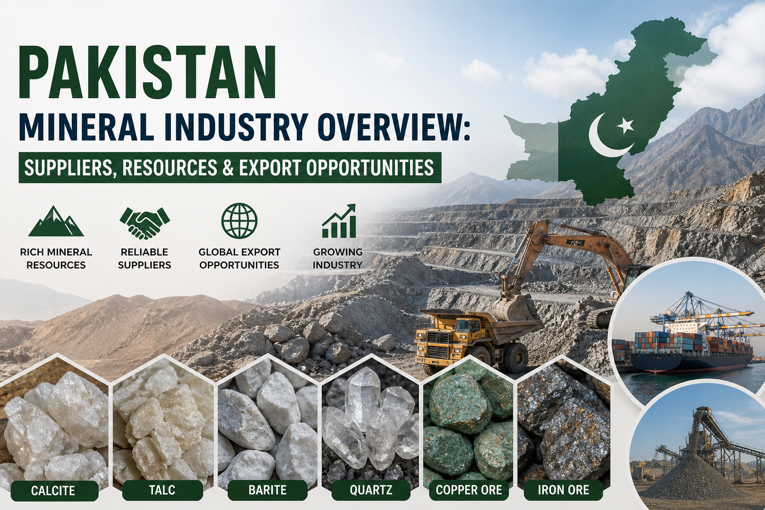 Pakistan mineral industry overview illustration showing mining, mineral resources, and export opportunities